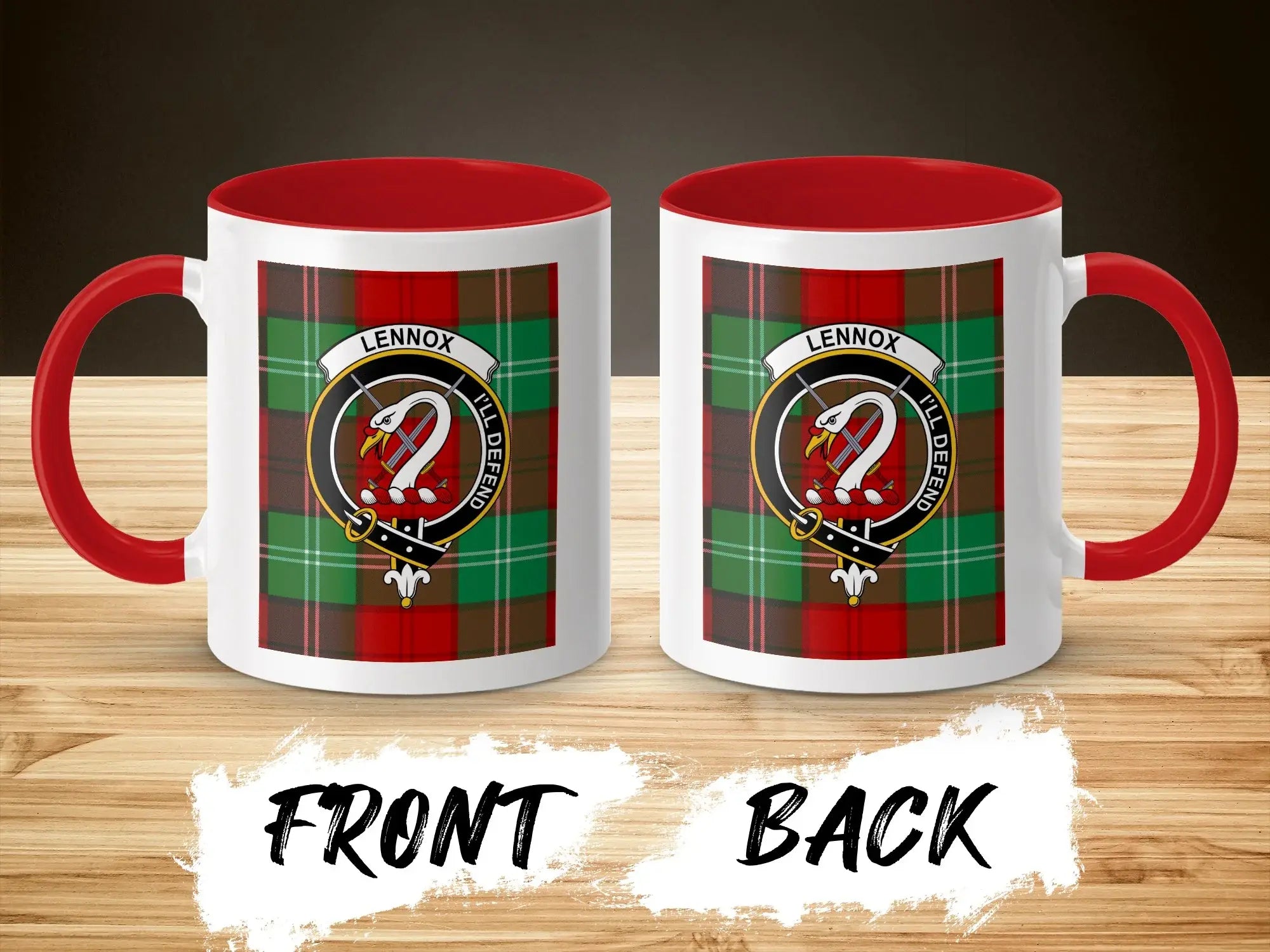 Clan Lennox tartan accent mug — red handle and interior, 11 oz with I'll Defend design