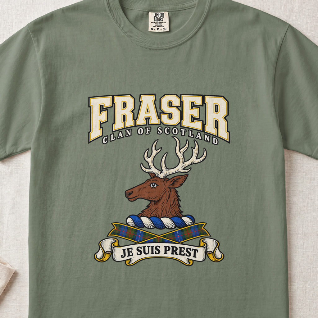 Fraser graphic T-shirt in Moss green, front flat lay showing varsity lettering and brown stag head with cream antlers.