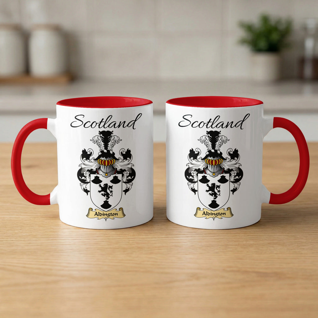 Alsington 11 oz Scottish family crest ceramic mug with a Scotland-topped heraldic emblem