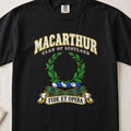 MacArthur Scottish clan T-shirt in Black, front view with a green laurel wreath and motto design.