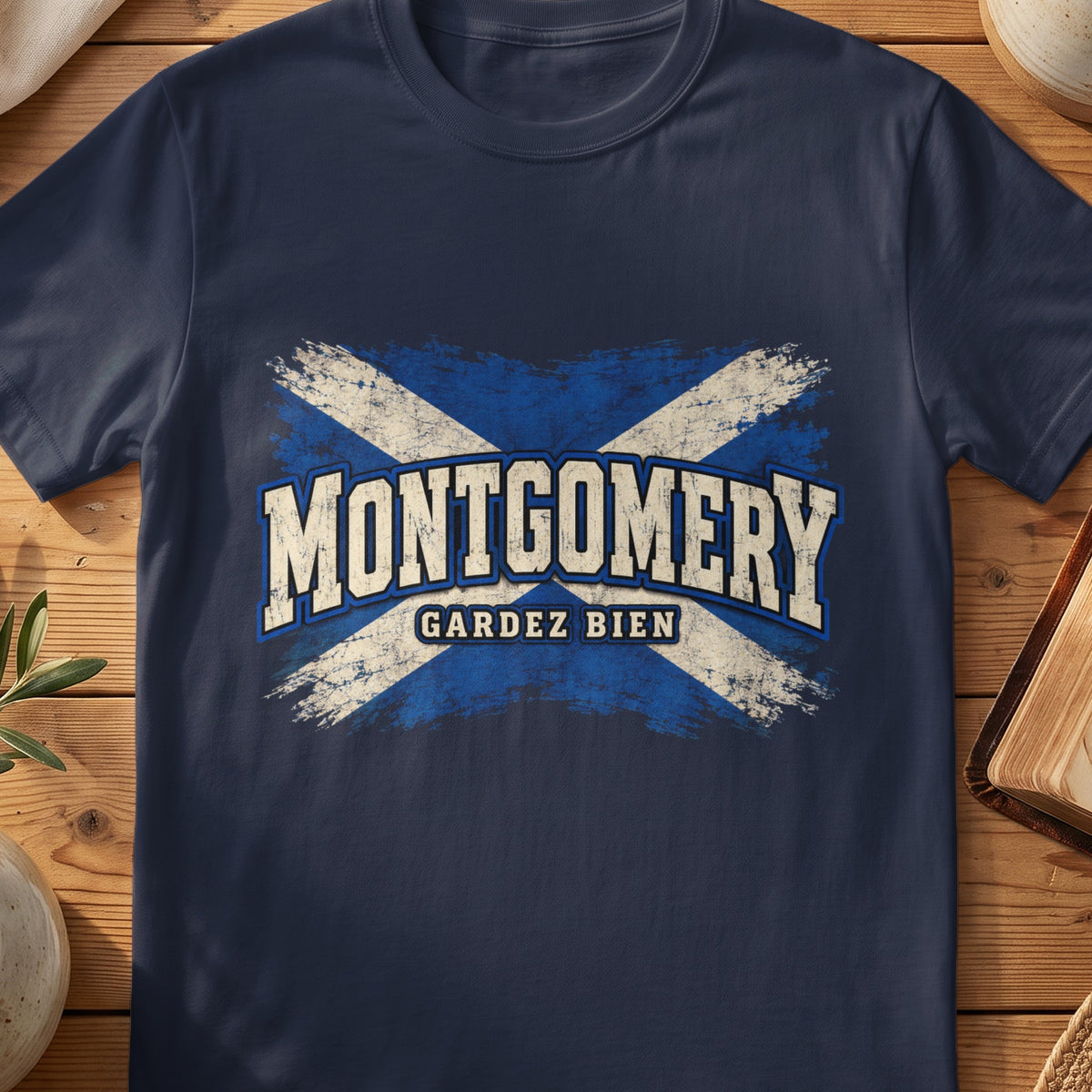 Montgomery Scottish Saltire T-shirt in Navy, with distressed blue and cream flag and “Gardez Bien” lettering.