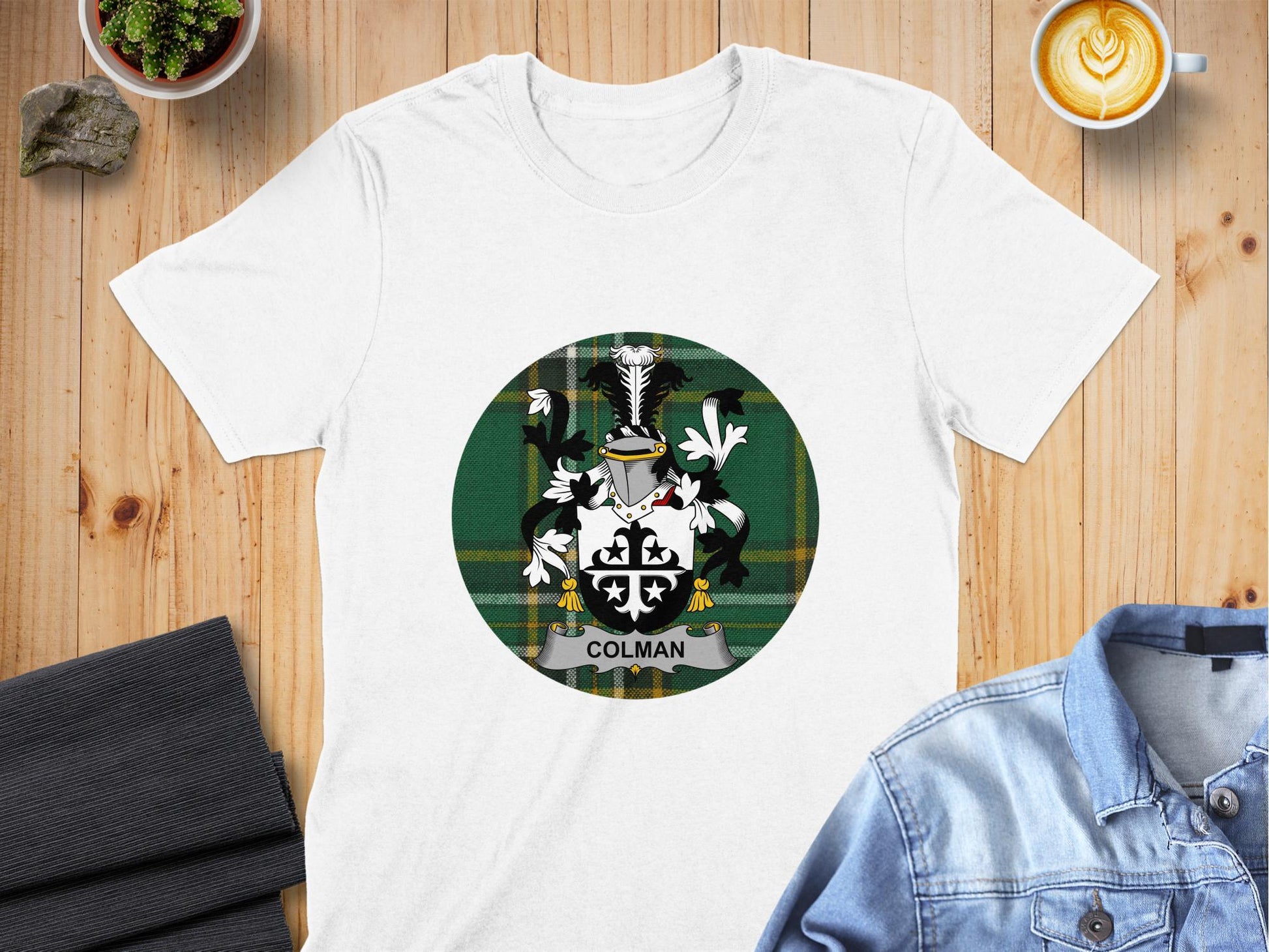 Colman Family Crest Irish Tartan Background T-Shirt - Living Stone Gifts