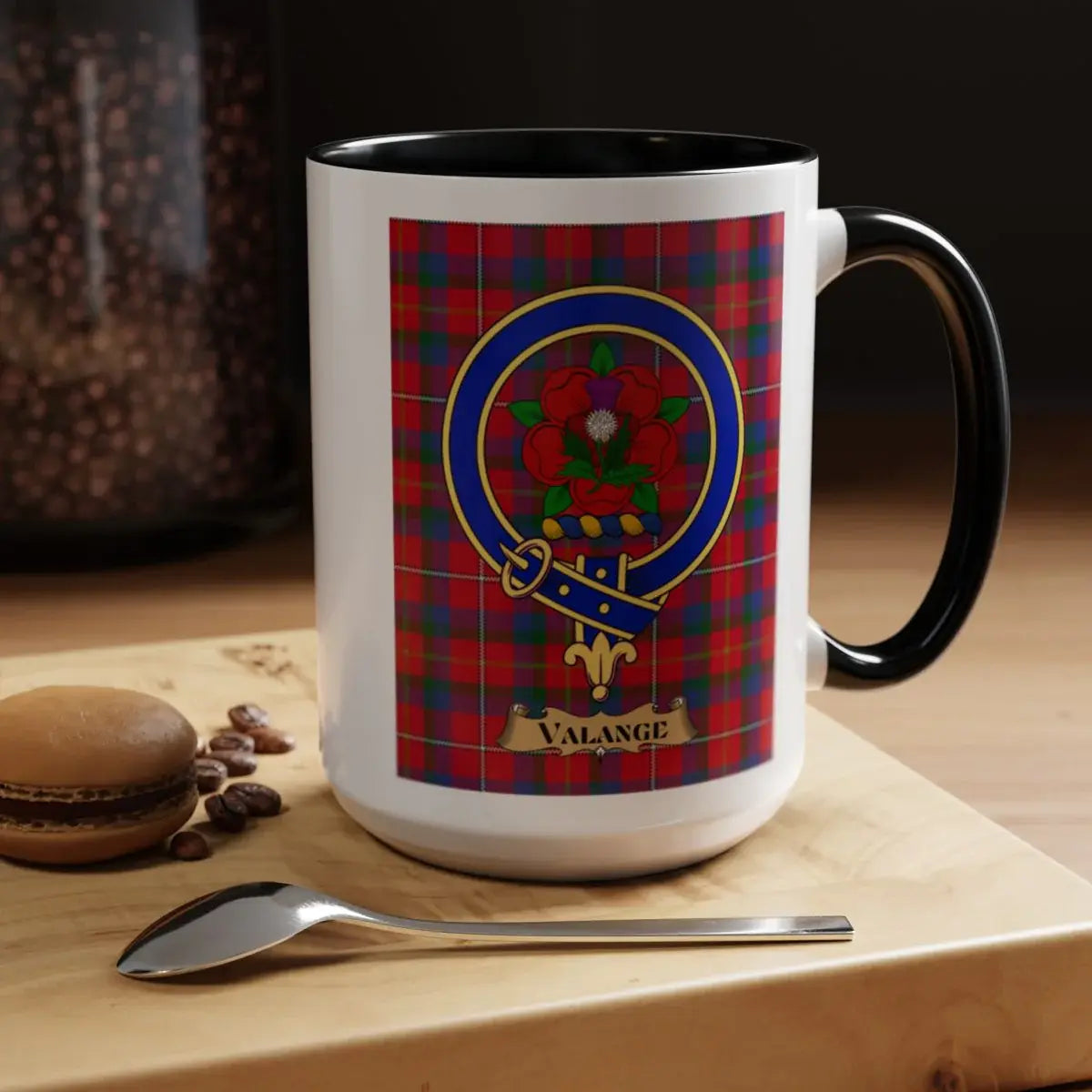 Close-up of the Valange clan crest printed on a ceramic mug