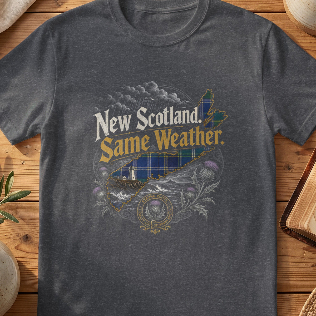 Dark grey Gildan 64000 unisex T-shirt flatlay with New Scotland Same Weather Scottish graphic design