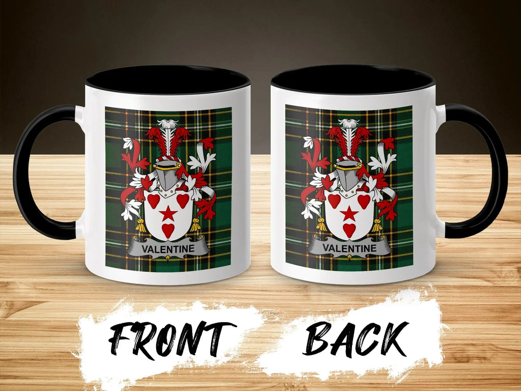Mug with Valentine coat of arms on plaid background, front and back view.