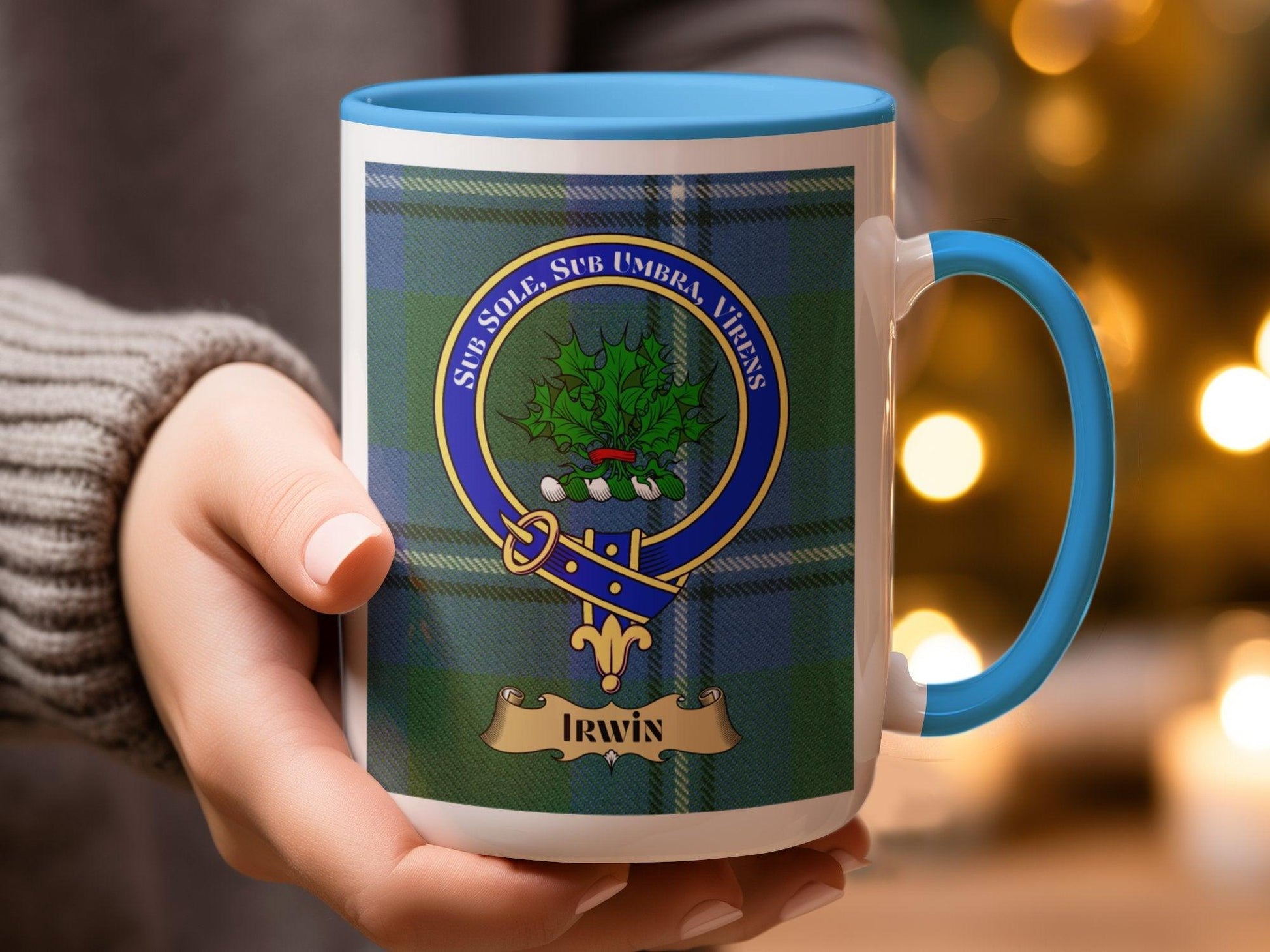 Scottish Clan Irwin Crest Blue Plaid Pattern Mug - Living Stone Gifts