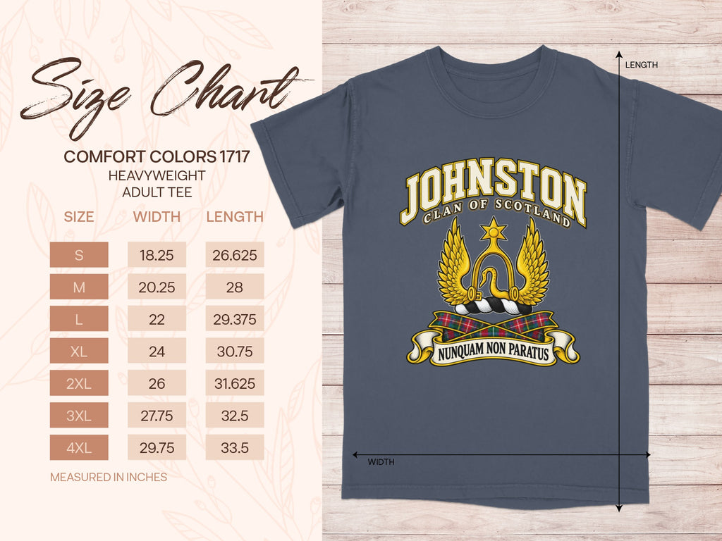 Comfort Colors 1717 size chart for the Johnston Scottish clan T-shirt, adult sizes S–4XL.