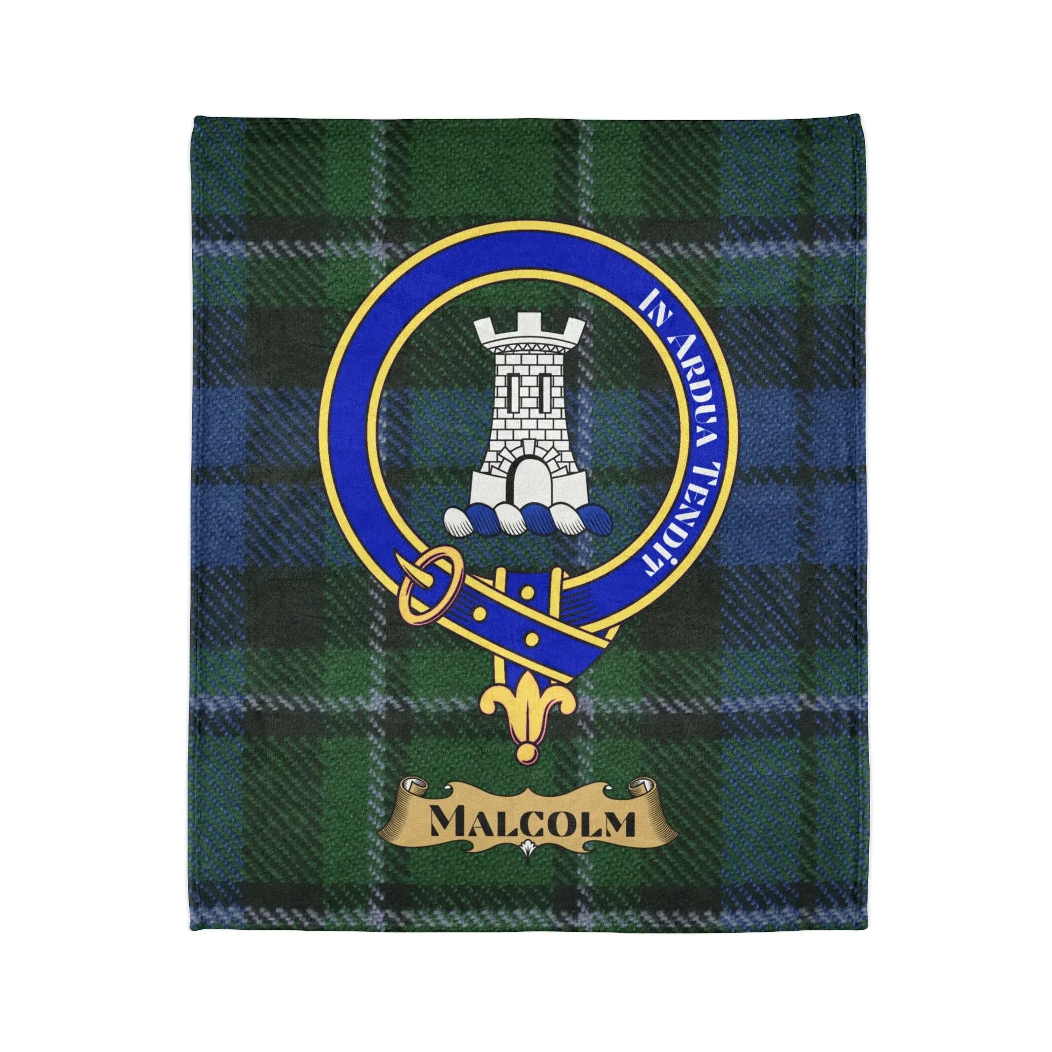 Malcolm clan crest detail on tartan throw — tower above waves emblem with In Ardua Tendit motto