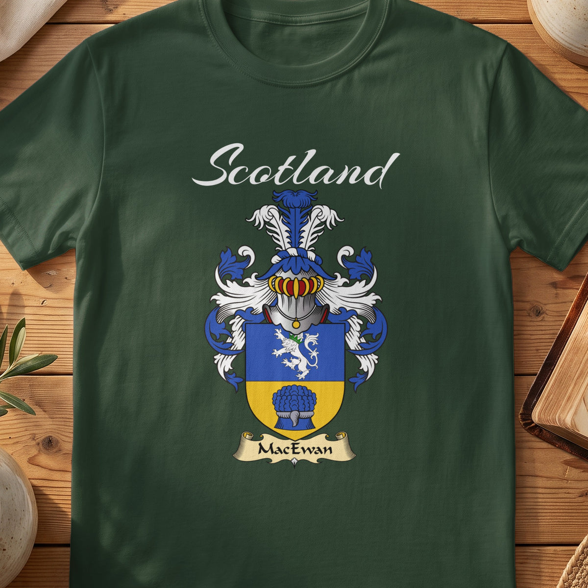 Forest Green MacEwan Scottish T-shirt featuring a blue-and-gold shield with a white lion
