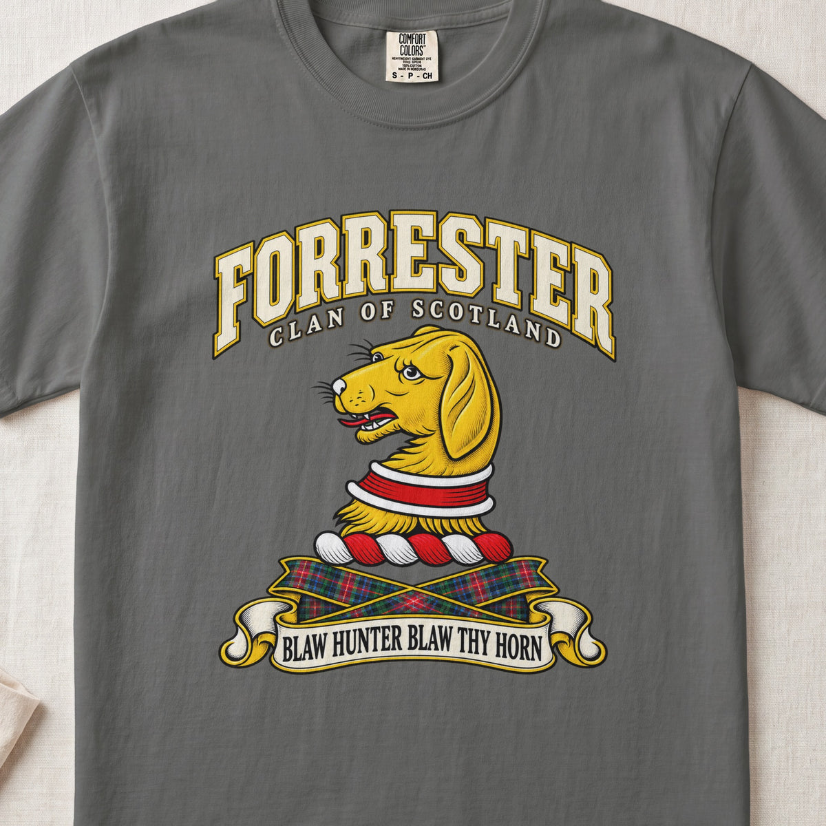 Forrester Scottish clan T-shirt in Pepper, front view with a gold hound head with a red and white collar and motto banner.