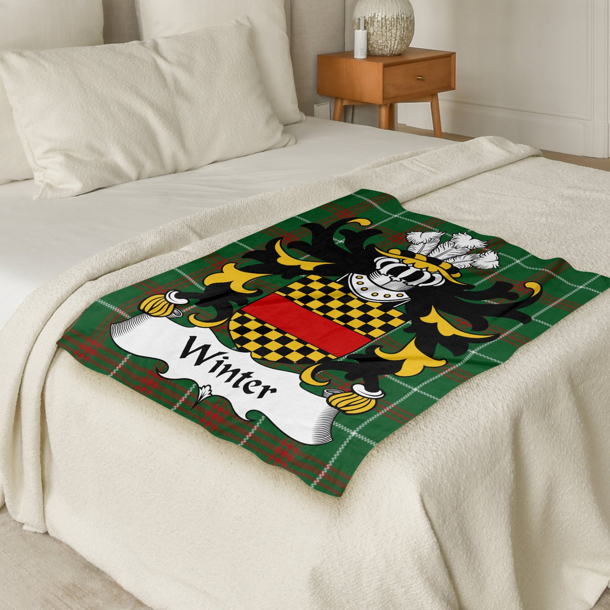 Winter Welsh Surname Coat of Arms Tartan Background Blanket - Living Stone Gifts