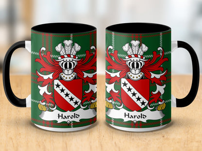 Harold Welsh Surname Coat of Arms on Tartan Background Mug - Living Stone Gifts