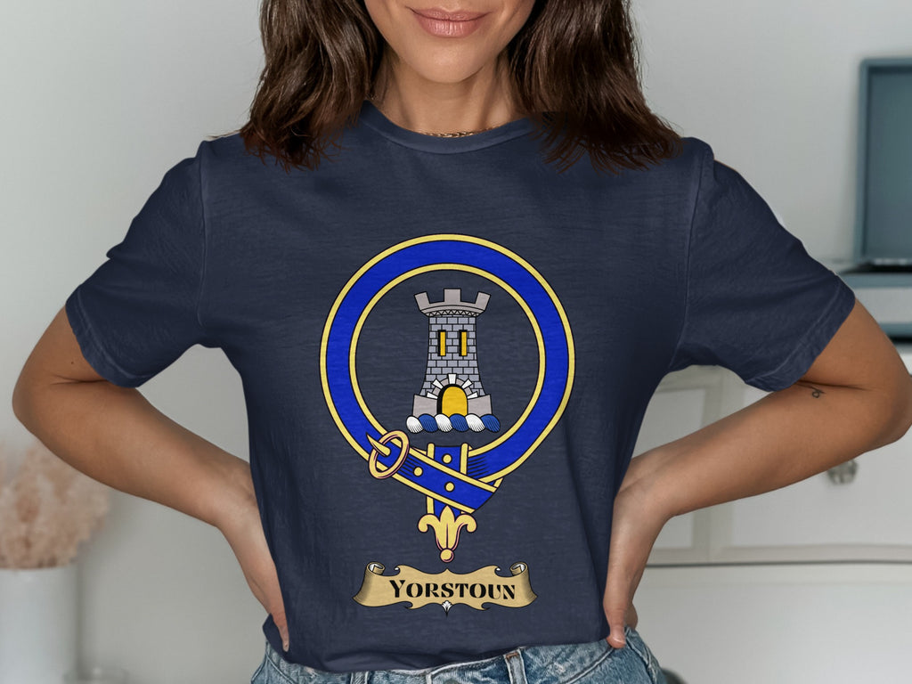 Yorstoun Scottish clan crest design on Navy T-shirt