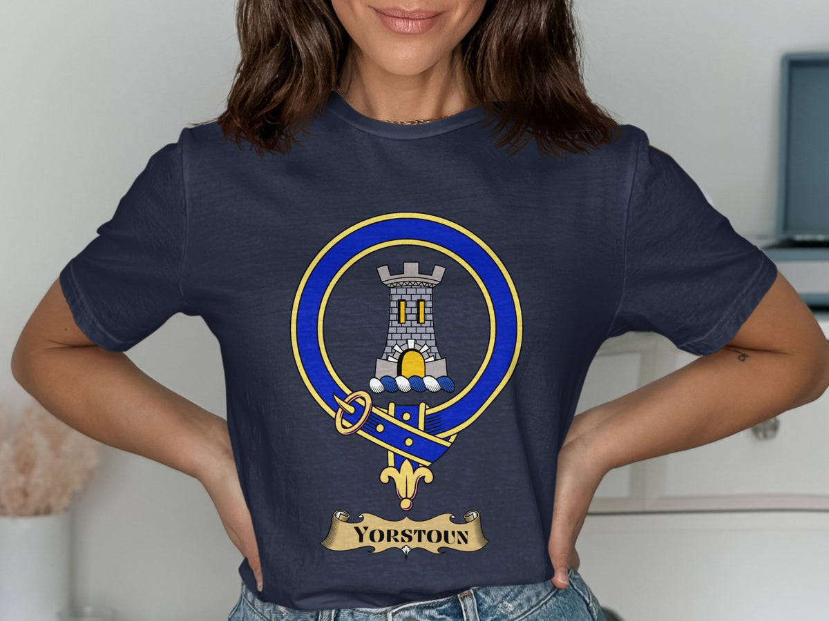Yorstoun Scottish clan crest design on Navy T-shirt
