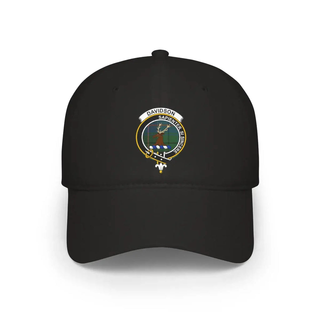 Davidson clan crest tartan cap in black — 100% cotton with Sapienter Si Sincere heraldic design
