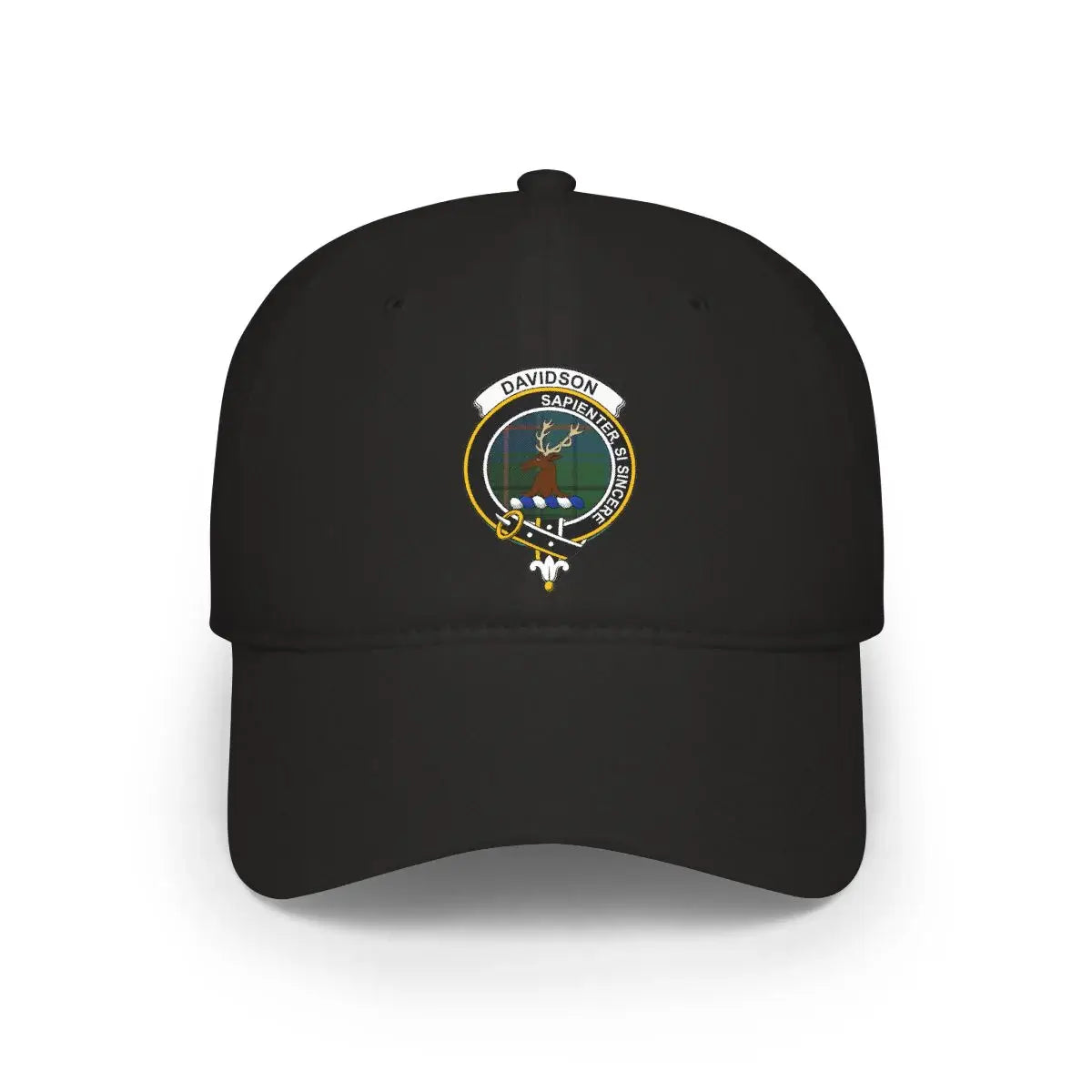 Davidson clan crest tartan cap in black — 100% cotton with Sapienter Si Sincere heraldic design
