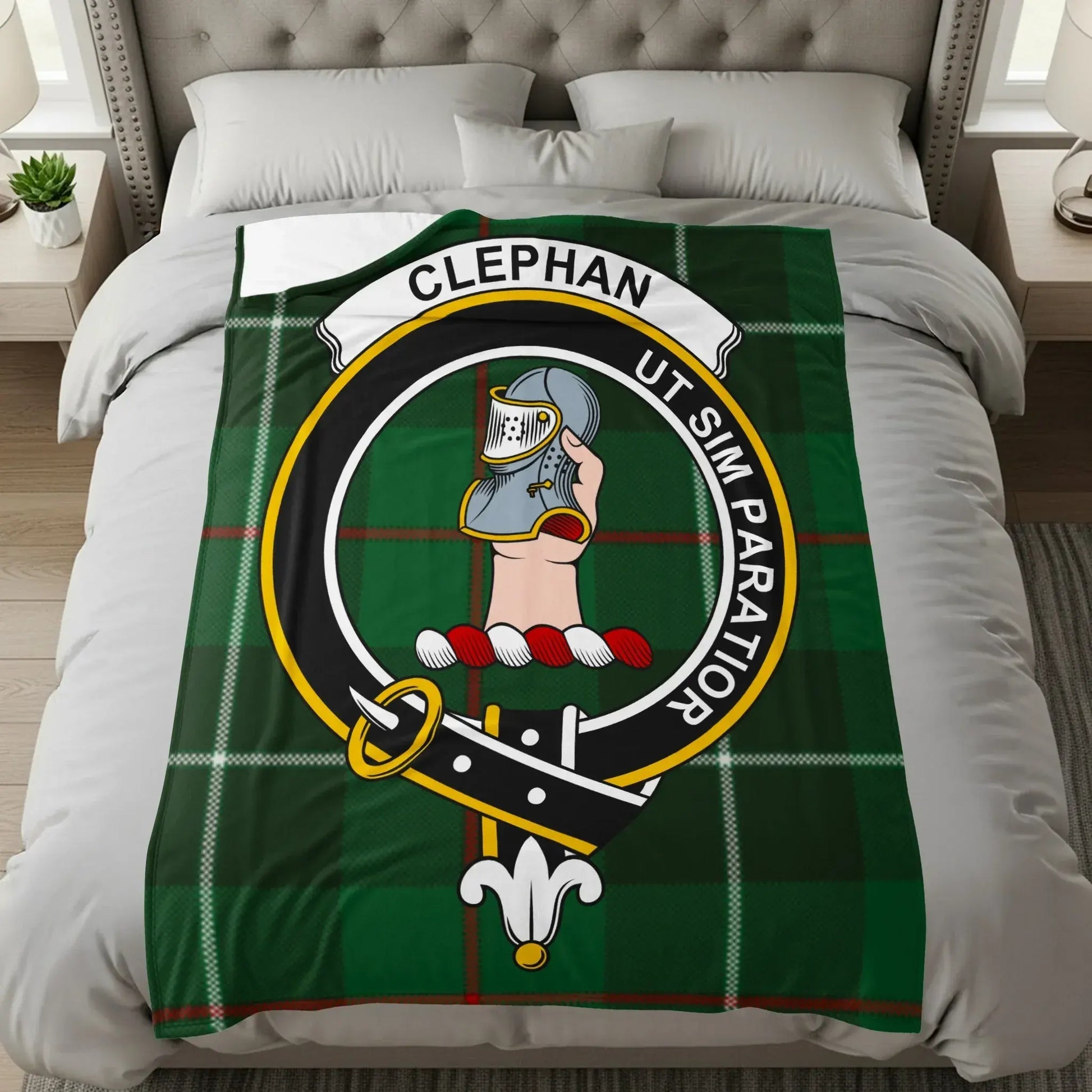 Clephan Family Crest on Green Tartan Blanket product type