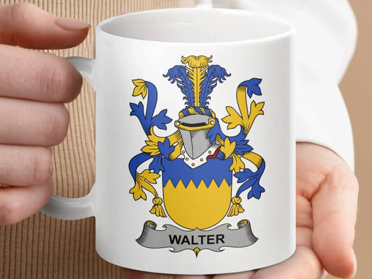 Walter Surname Family Coat of Arms Crest Mug - Celtic Ancestry Gifts