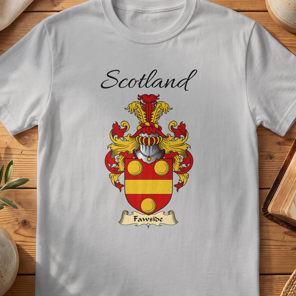 Sport Grey Fawside Scottish family shield T-shirt featuring gold circles above a gold horizontal band