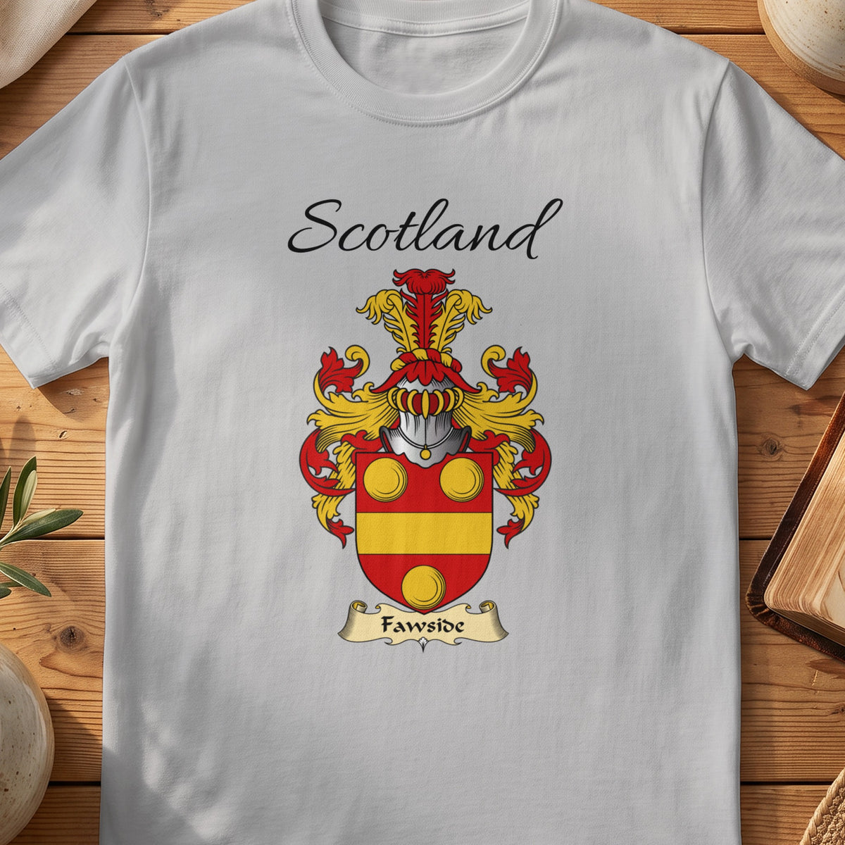 Sport Grey Fawside Scottish family shield T-shirt featuring gold circles above a gold horizontal band