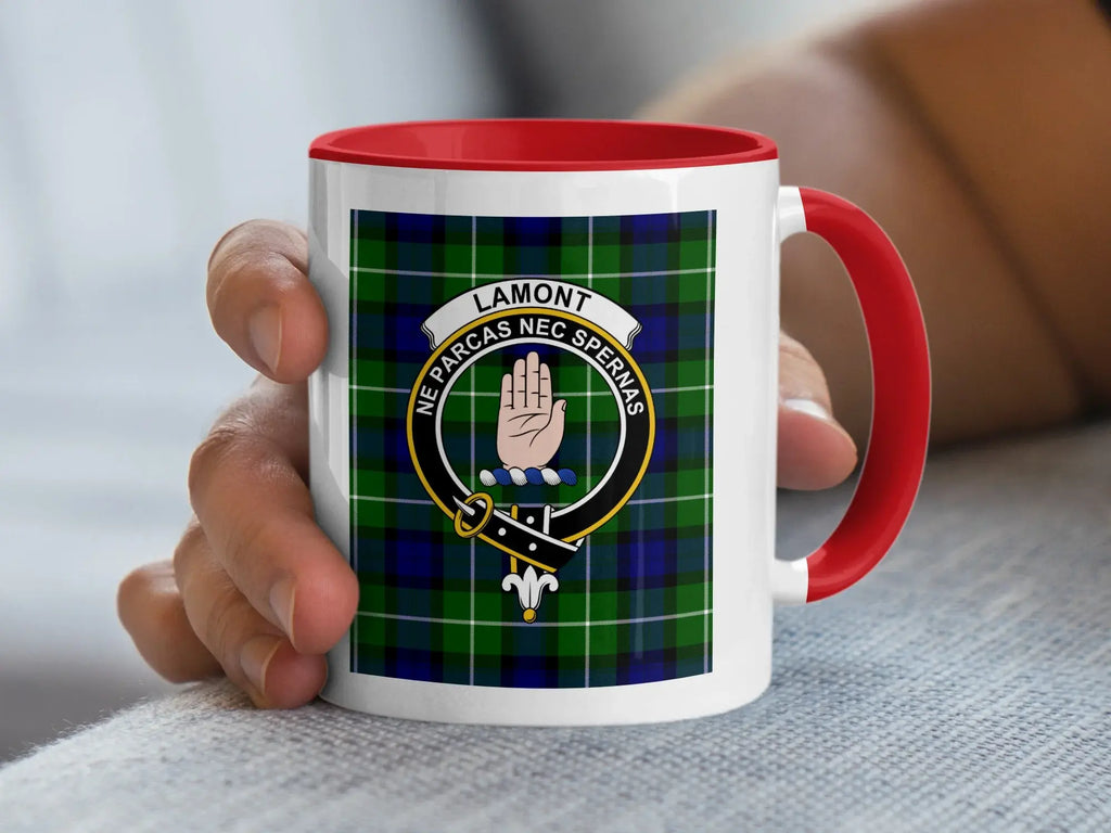 Lamont clan crest mug with Scottish tartan design 15oz — glossy white ceramic