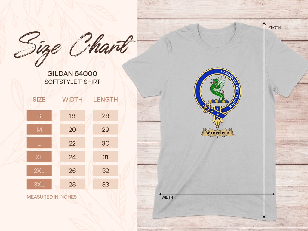 Gildan 64000 size chart for Wakefield Scottish clan crest T-shirt