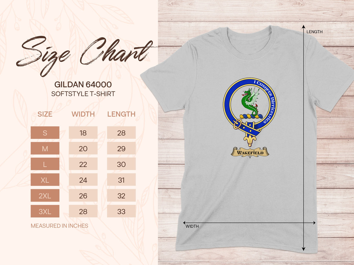 Gildan 64000 size chart for Wakefield Scottish clan crest T-shirt