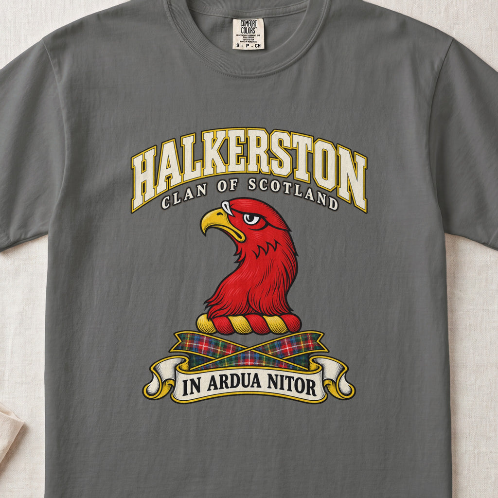 Halkerston Scottish clan T-shirt in Pepper, front view with a red bird head with a golden beak and motto banner.