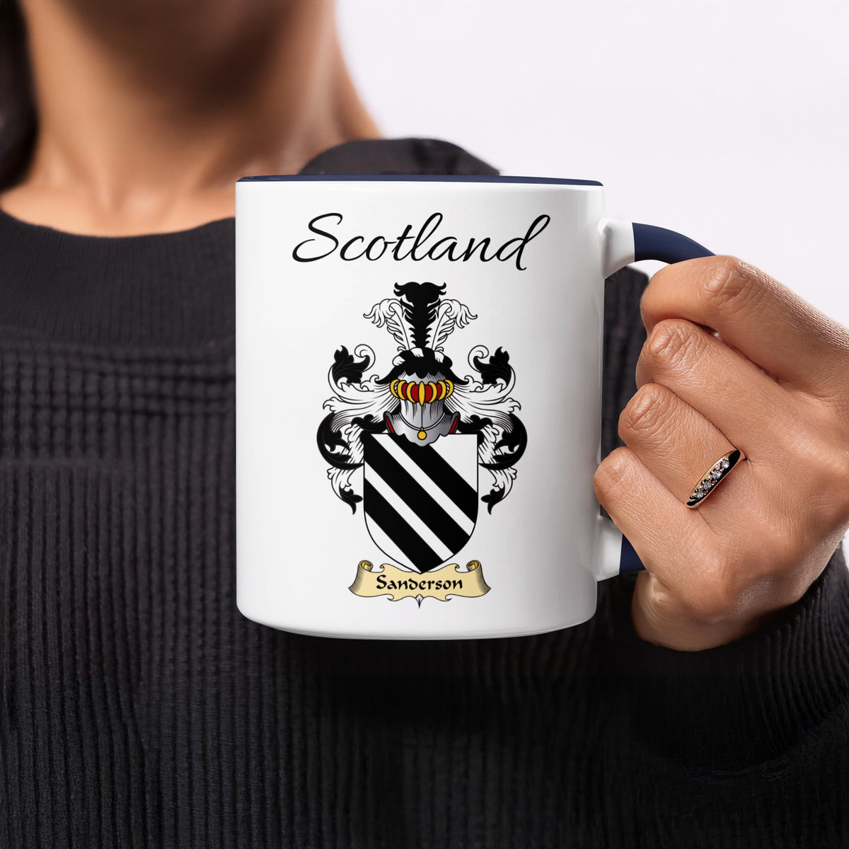 Sanderson 11 oz Scottish family crest ceramic mug showing a Scotland-topped heraldic emblem