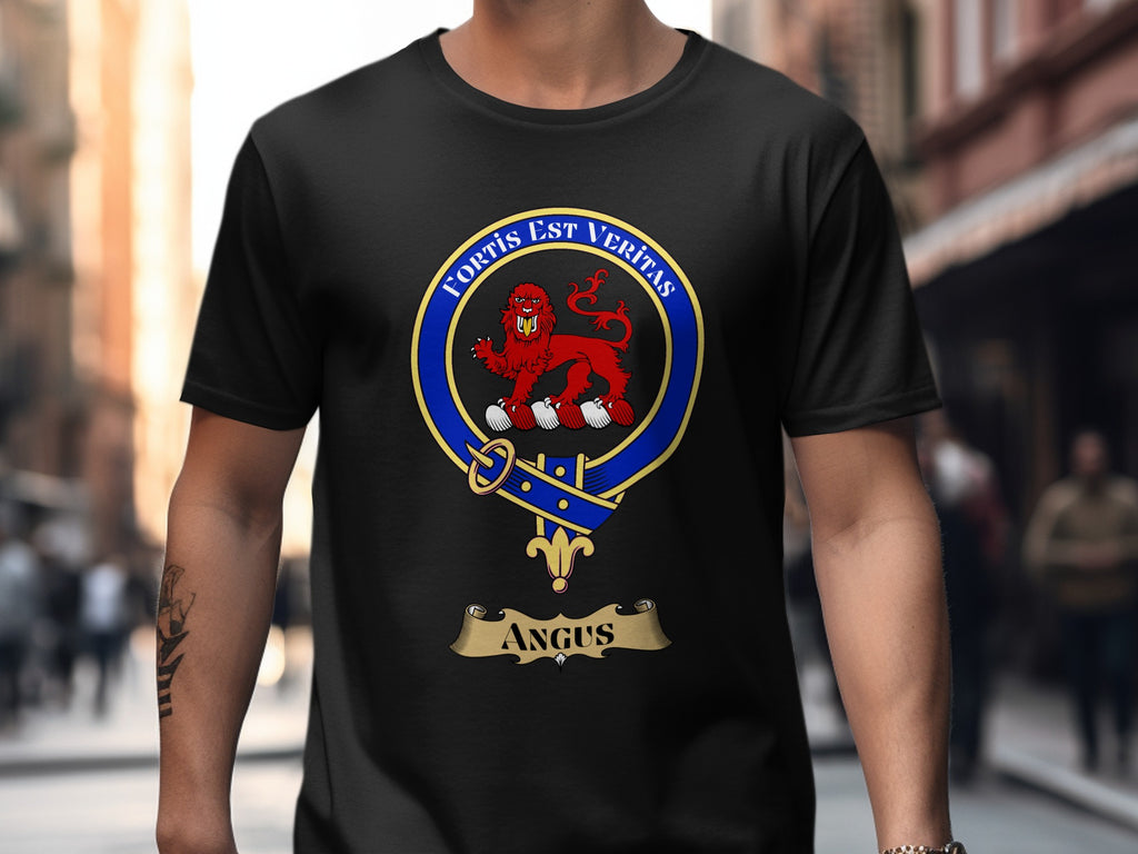 Angus Scottish clan crest design on Black T-shirt
