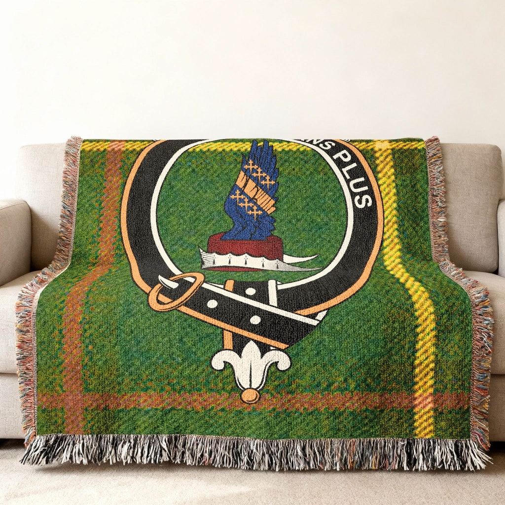 Clan Crest with Green Tartan Plaid Throws Blanket