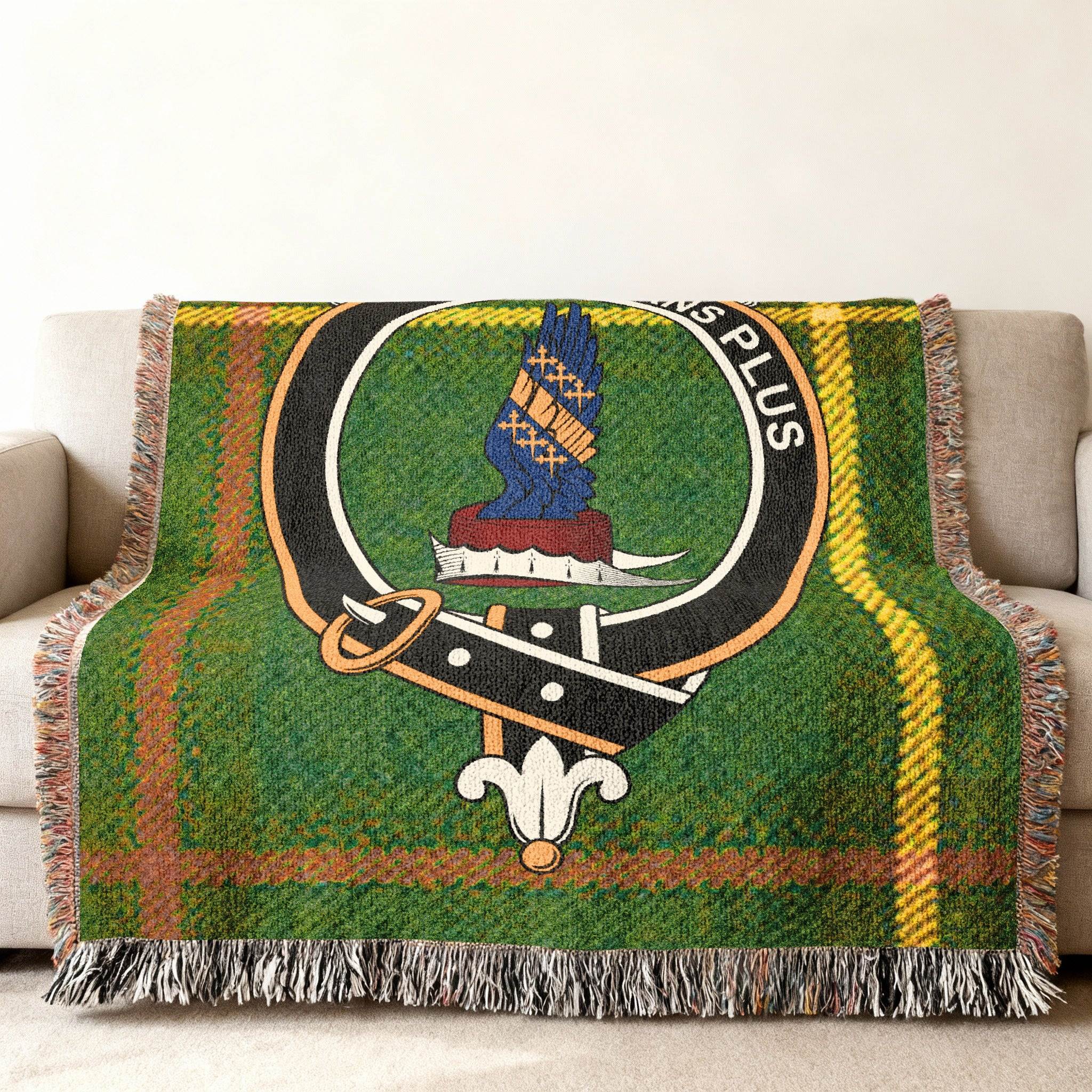 Clan Crest with Green Tartan Plaid Throws Blanket