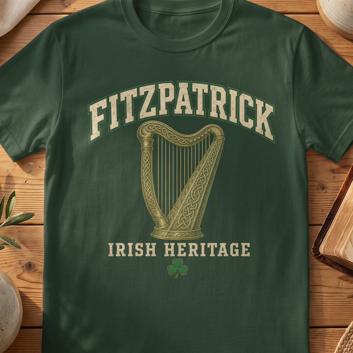 Fitzpatrick Irish harp T-shirt in Forest Green, with cream surname lettering, a gold-toned harp, green shamrock and “Irish Heritage” text.