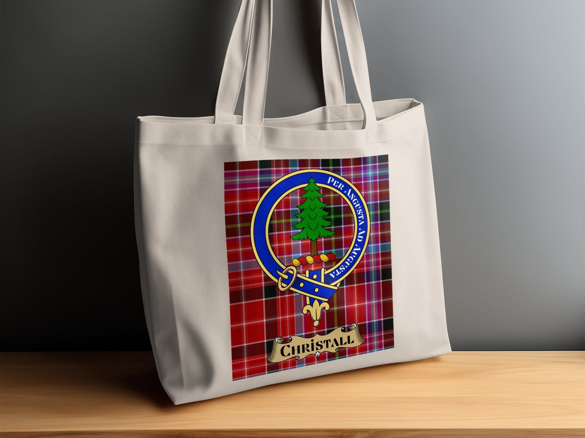 Christall Clan Crest on a Tartan Background Tote Bag - Living Stone Gifts