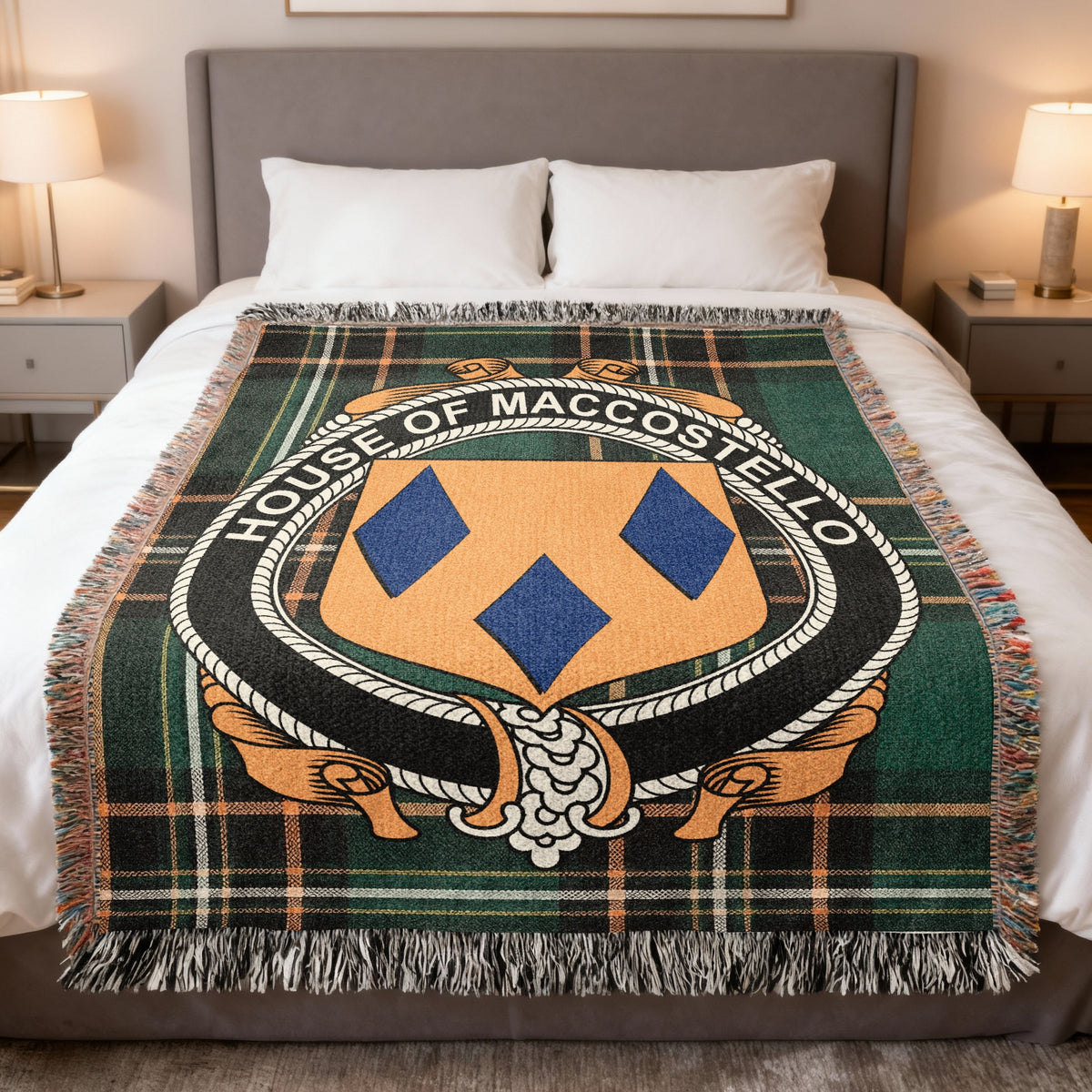 MacCostello Irish National Tartan woven blanket with family crest emblem