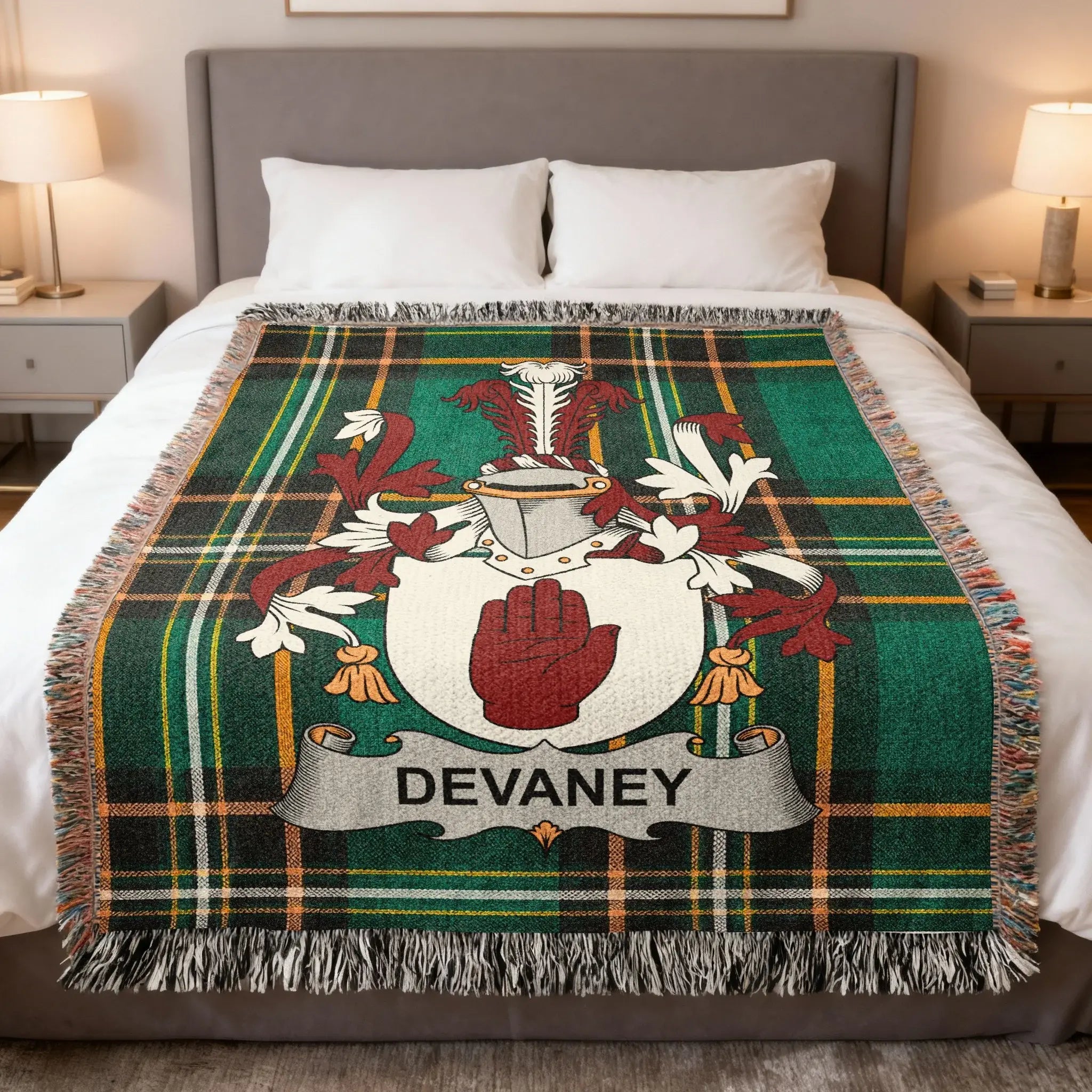 Devaney Family Crest Green Plaid Tartan Throw
