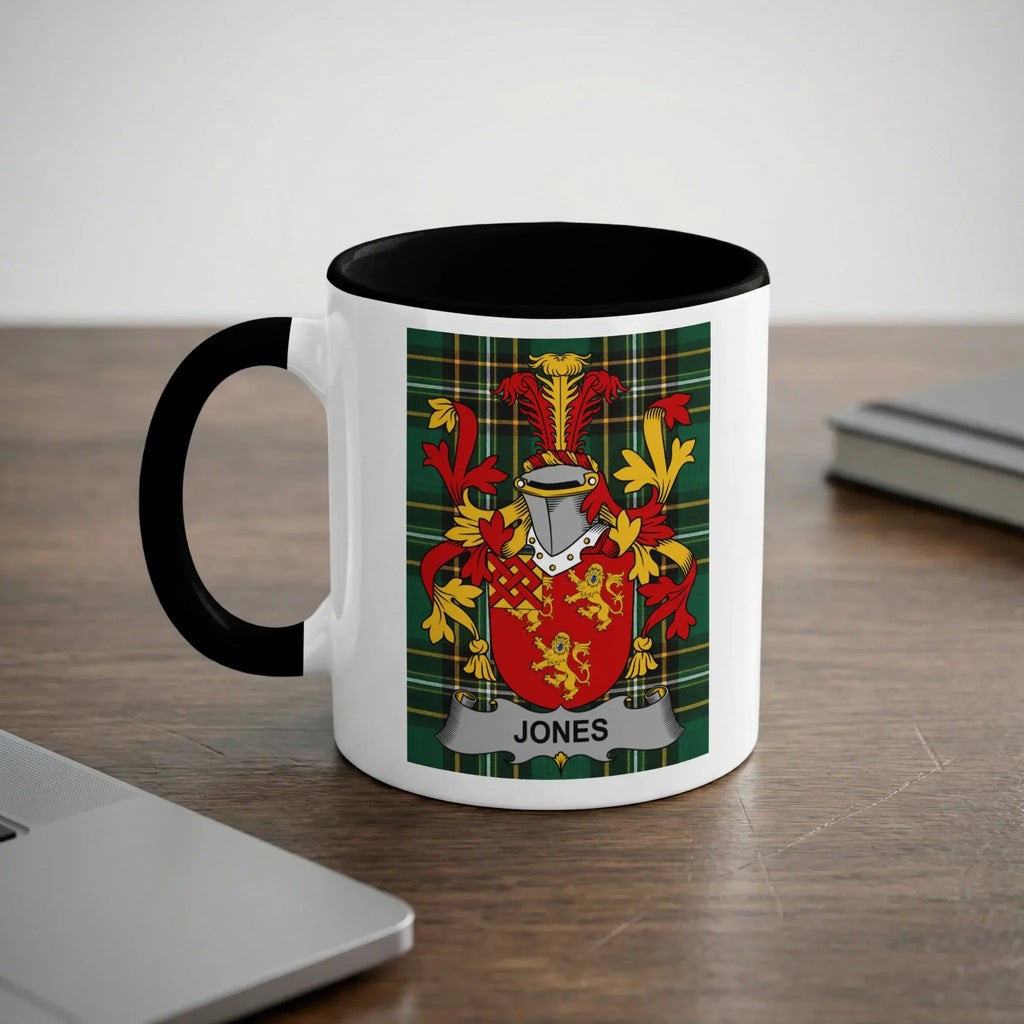 Jones Irish heritage mug with black handle and family crest