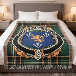 MacColgan Irish National Tartan woven blanket with family crest emblem