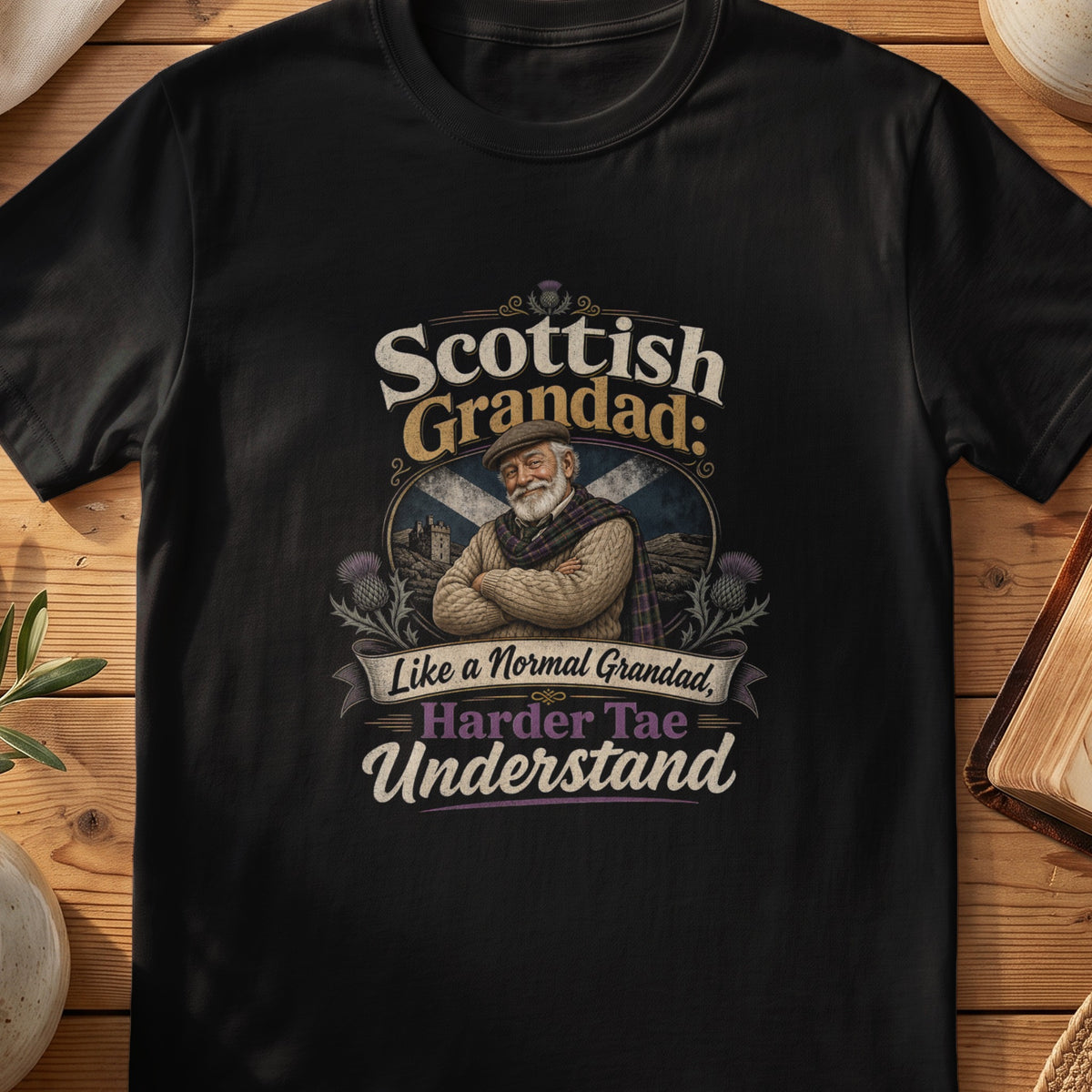 Black Gildan 64000 unisex T-shirt flatlay with Scottish Grandad Harder Tae Understand Scottish graphic design