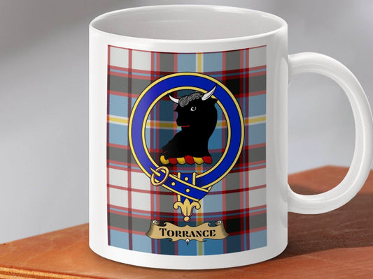 Torrance Clan Crest on Plaid Background Mug product
