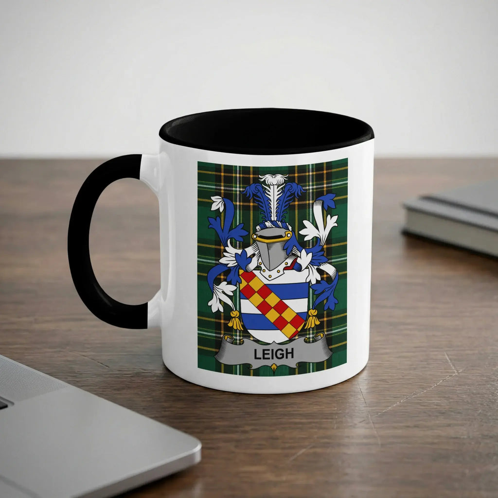 Leigh Irish heritage mug with black handle and family crest