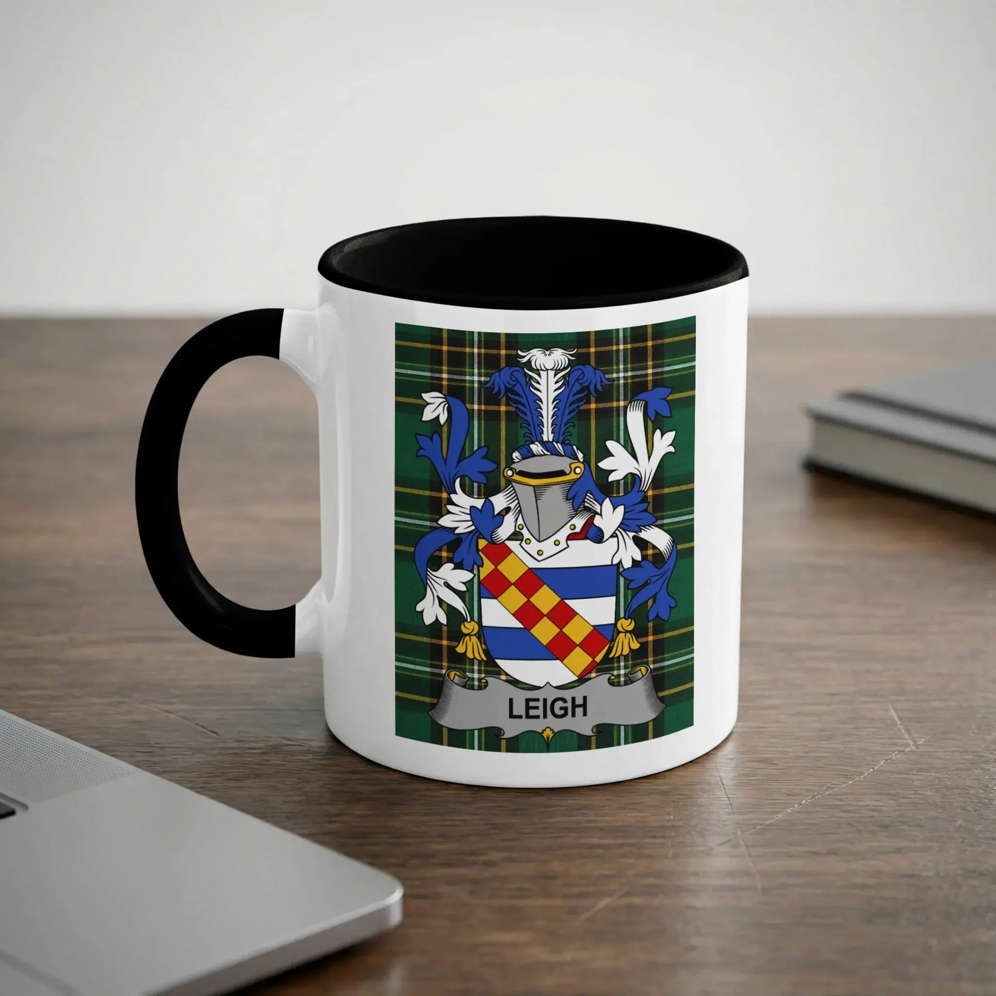 Leigh Irish heritage mug with black handle and family crest