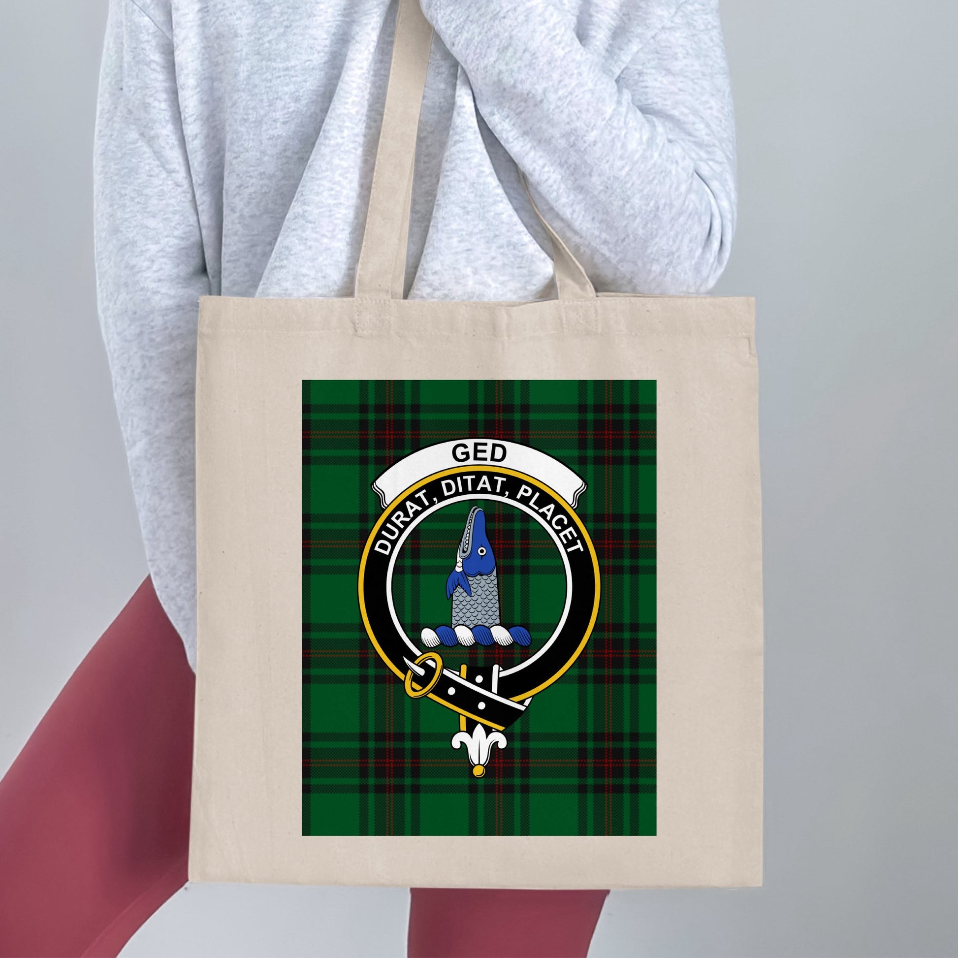 Ged clan scottish tartan badge with motto Tote Bag - Living Stone Gifts