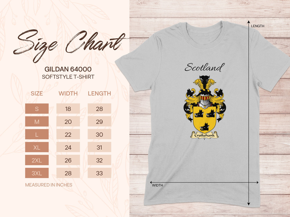 Gildan 64000 size chart for the Cruikshank unisex T-shirt, sizes S to 3XL