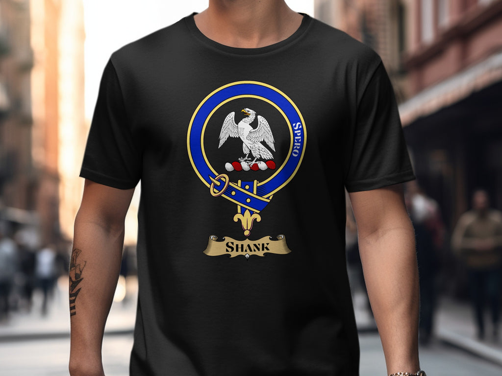 Shank Scottish clan crest design on Black T-shirt