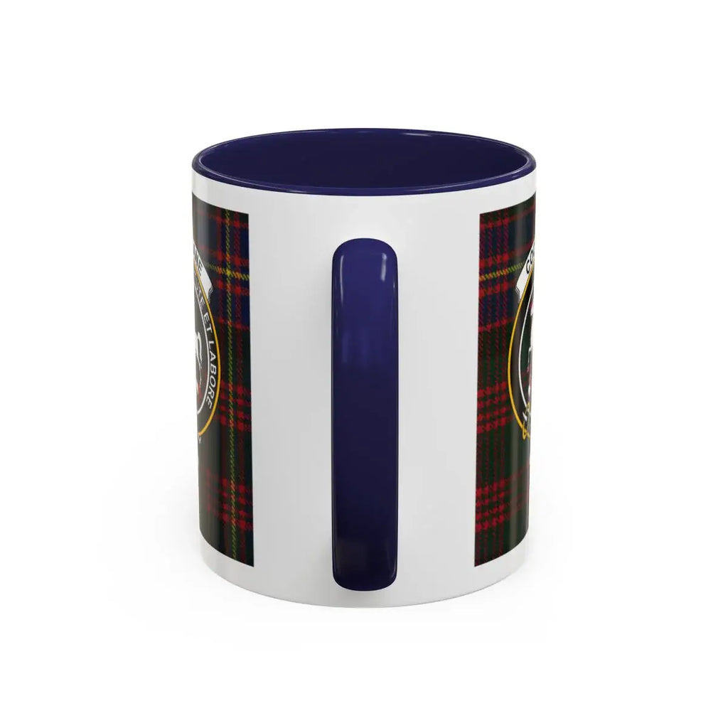 Clan Cochrane tartan plaid coffee mug — blue handle, horse crest design