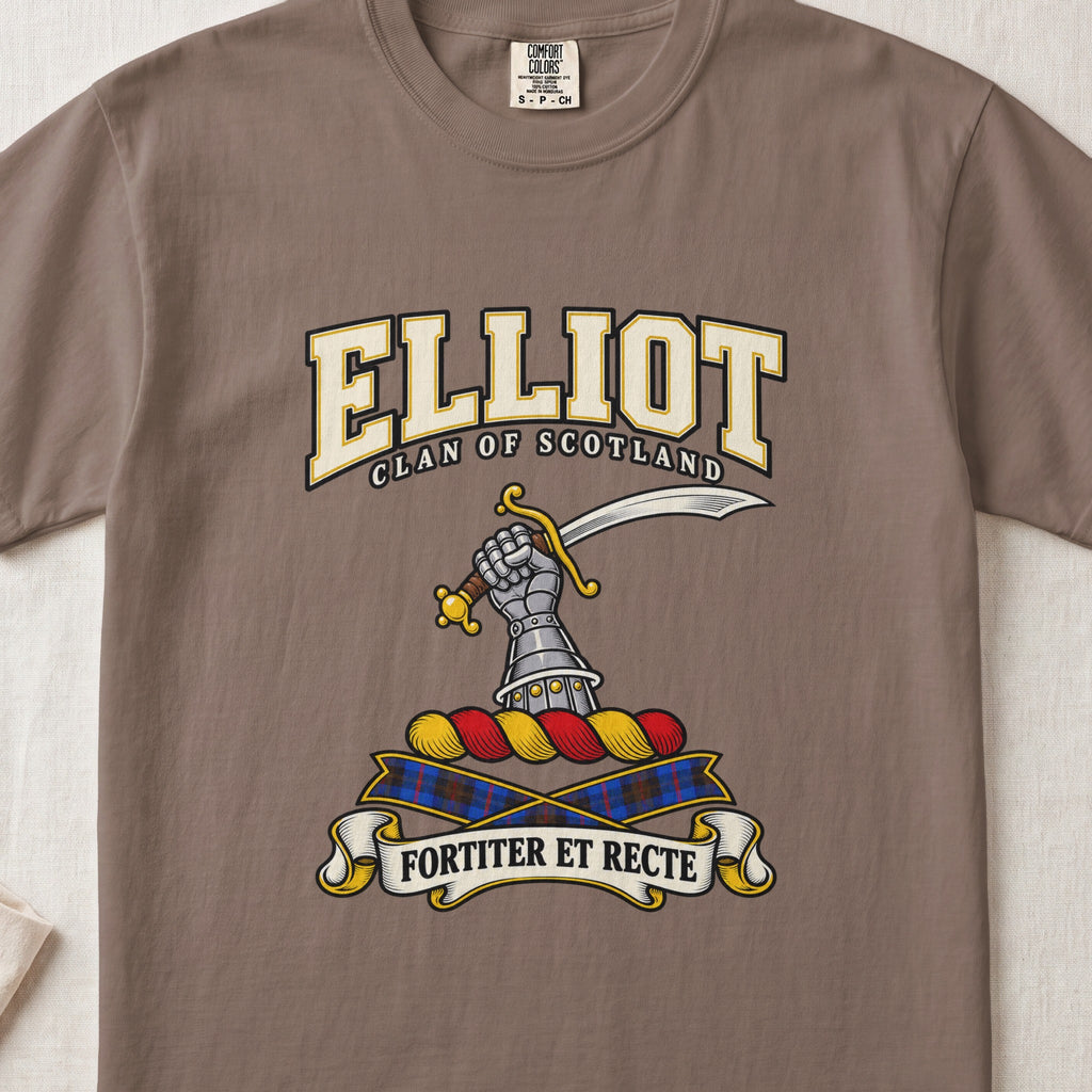 Elliot Scottish clan graphic T-shirt in Espresso, front view