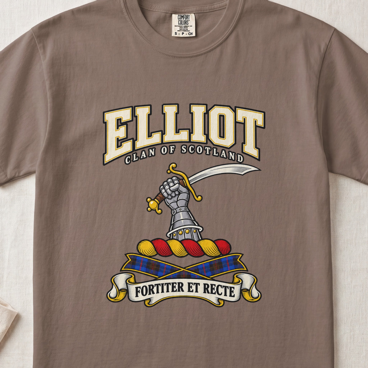 Elliot Scottish clan graphic T-shirt in Espresso, front view