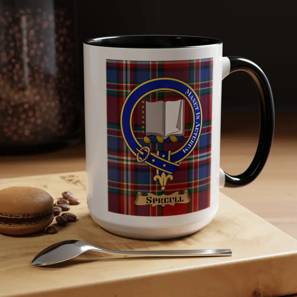 Close-up of the Spreull clan crest printed on a ceramic mug