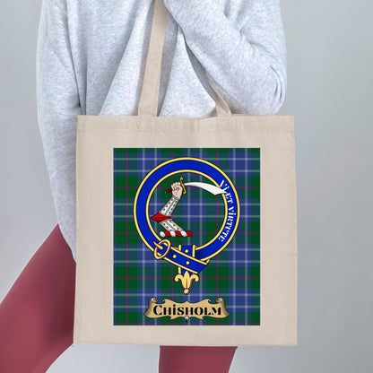 Chisholm Clan Crest Tartan Background Tote Bag - Living Stone Gifts